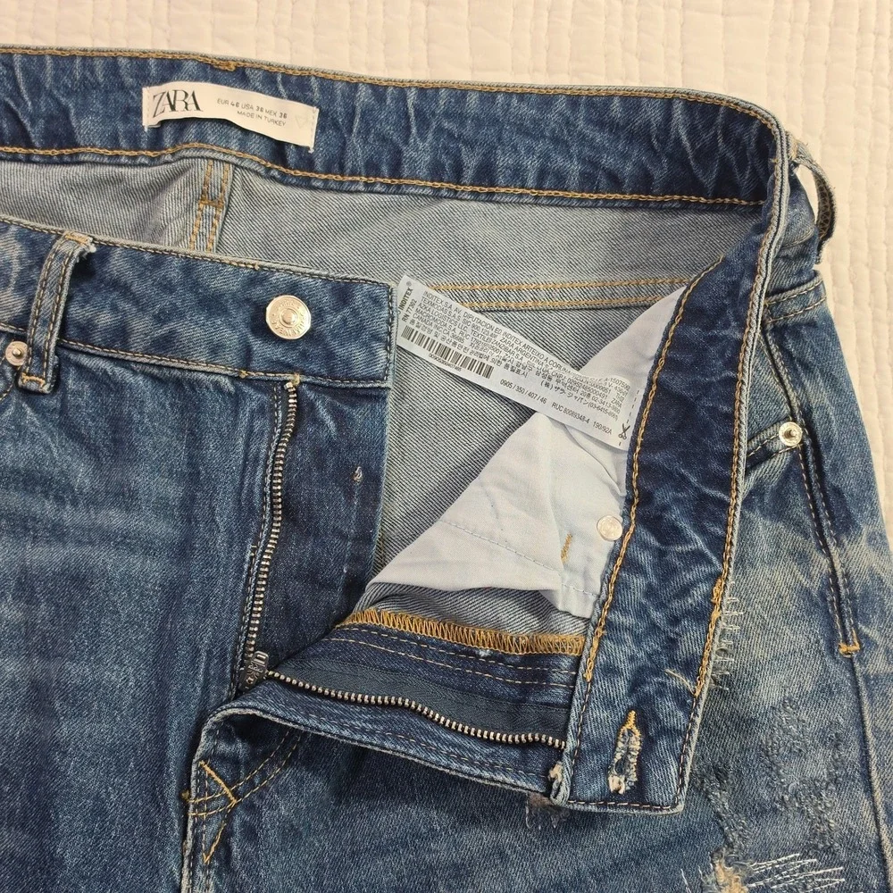 Zara Jeans Men's 36x30 Med Wash Destroyed Patched Tapered Leg Stretch Denim